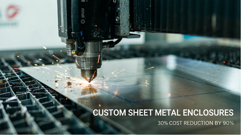 High-resolution close-up of a fiber laser cutting machine processing aluminum sheet metal, emitting sparks, with overlay text highlighting Custom Sheet Metal Enclosures and 30% Cost Reduction.