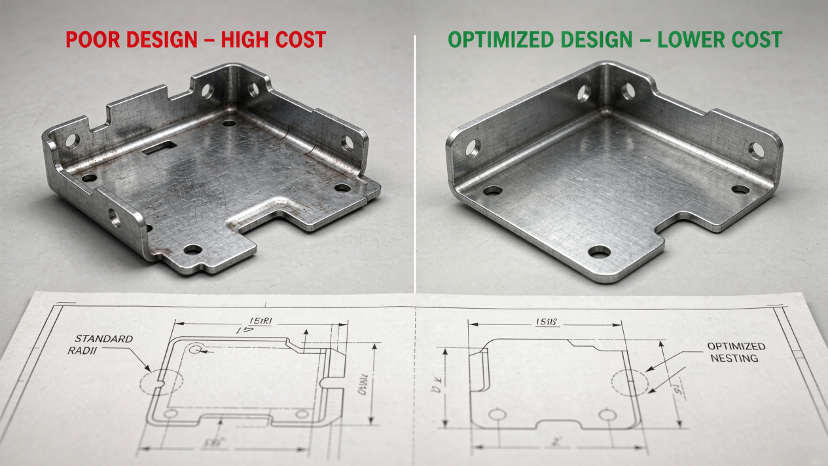 Side-by-side comparison of two sheet metal parts showing a Poor Design - High Cost bracket versus an Optimized Design - Lower Cost bracket, with corresponding engineering drawings indicating standard radii and optimized nesting below.