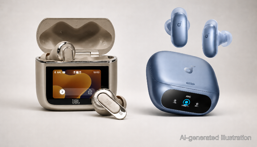 Image showing JBL Tour Pro 3 and soundcore Liberty 5 Pro earbuds with cases.