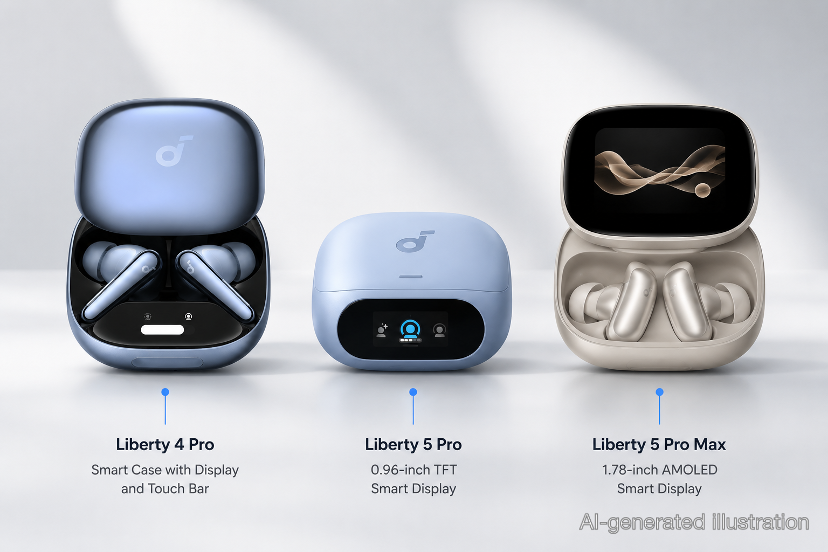 Image showing Liberty 4 Pro, Liberty 5 Pro, and Liberty 5 Pro Max earbuds with cases.